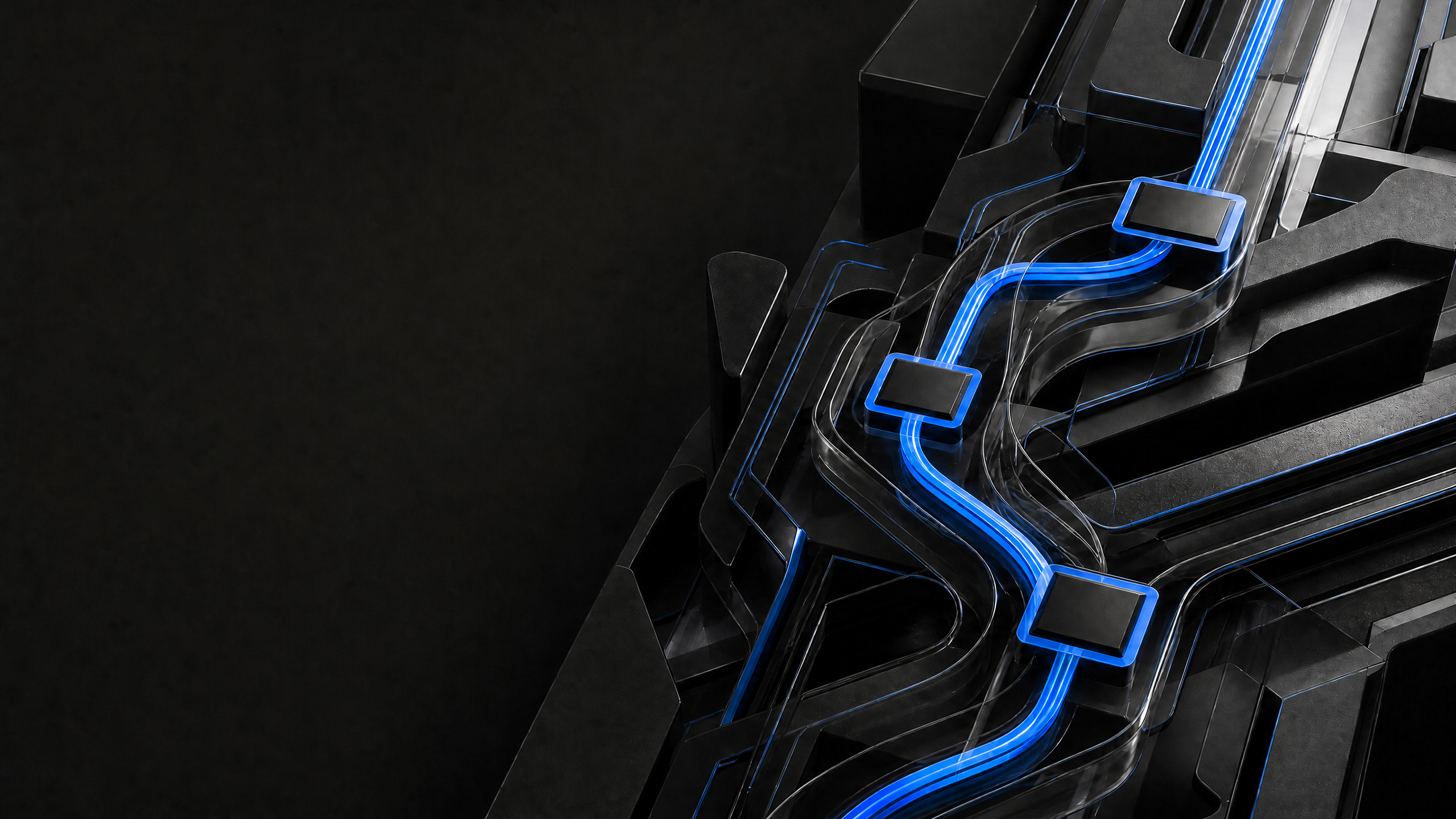 Abstract black materials connected by electric-blue pathways